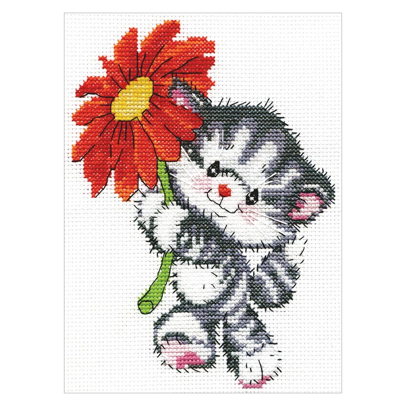 Cross stitch kit - Red daisy cat