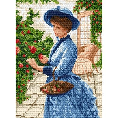 Printed Cross Stitch Pattern Lady Gathering The Flowers Coricamo