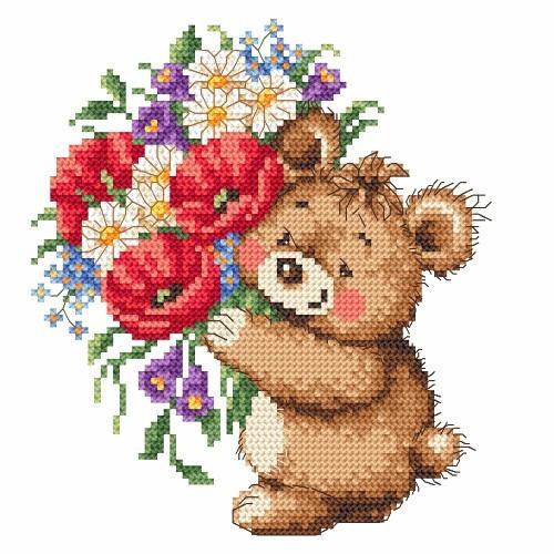 Printed Cross Stitch Pattern Teddy Bear With Bouquet Coricamo